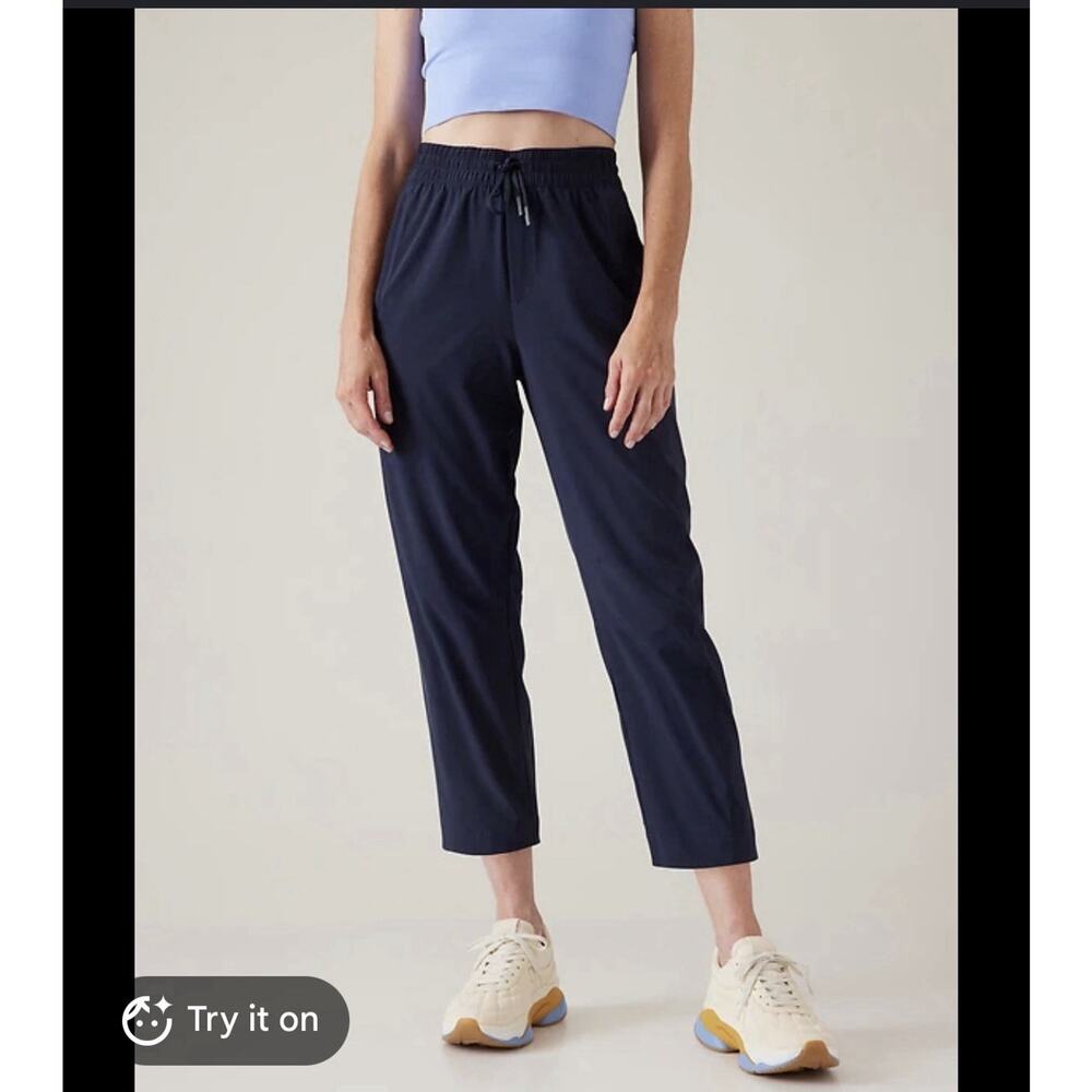 ATHLETA Arrival Pants Navy Lightweight Drawstring High Rise Cropped Size 14